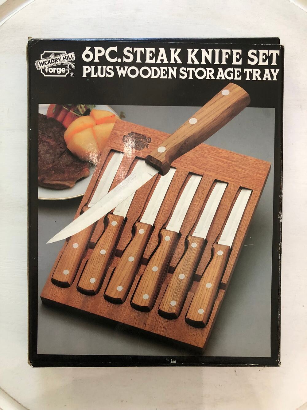 Hickory Hill Forge 6 pcs Steak Knife Set Plus Wooden Storage Tray NOS